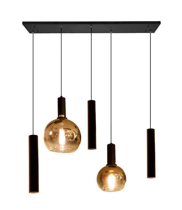 Industriële Hanglamp voor Eettafel – Zwart/Amber Glas – 5-Lichts – Dimbaar