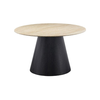 Japandi eettafel – Beige kleurig stenen blad met zwarte ronde MDF-poot