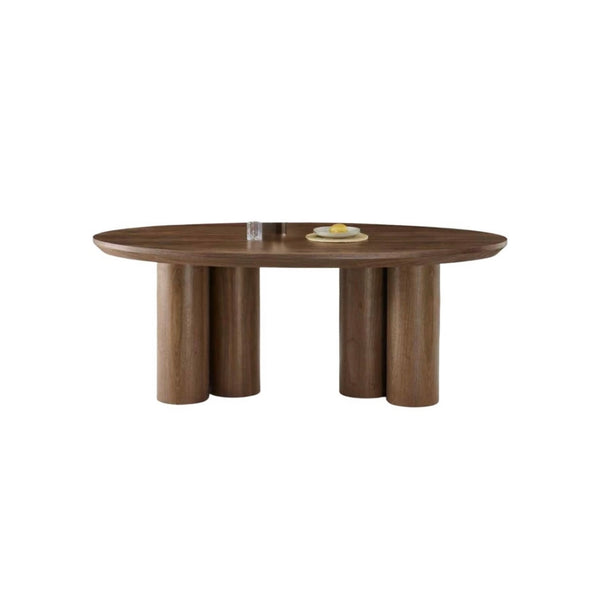 Ovale Japandi eettafel – bruin mangohout met zes poten