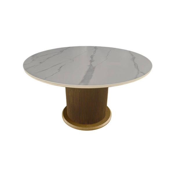 Ronde Eettafel Keramiek – Wit blad met gouden Japandi-stijl poot