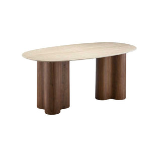 Japandi Eettafel – Ovaal Travertijn beige met Bruin Poot