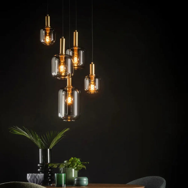 hanglamp eettafel 5 bollen smoke goud