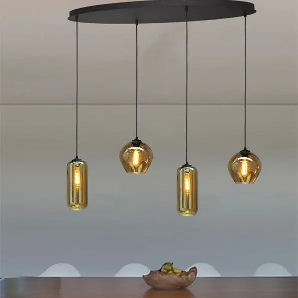 Handgemaakte hanglamp 4 bollen amber glas