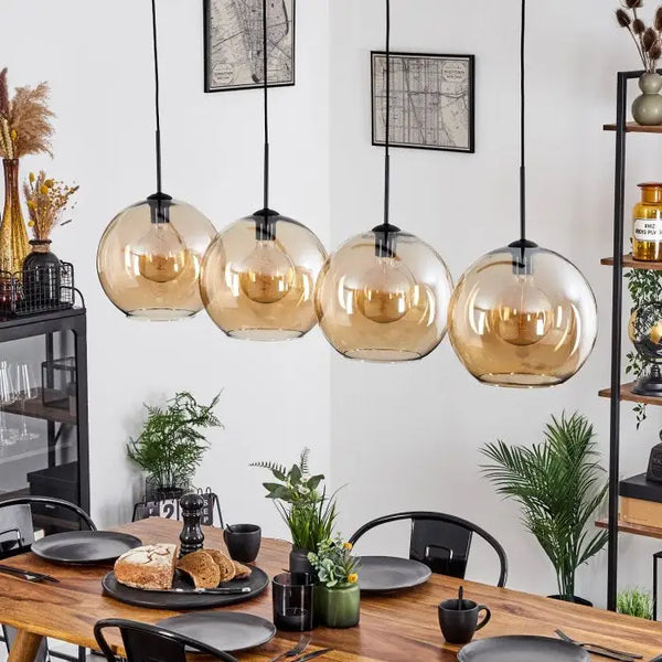 Luxueuze eettafel hanglamp 4 Amber bollen