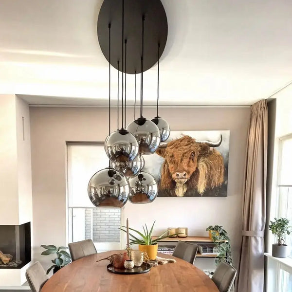 Unieke handgemaakte eettafel hanglamp ovaal met 10 smoke bollen