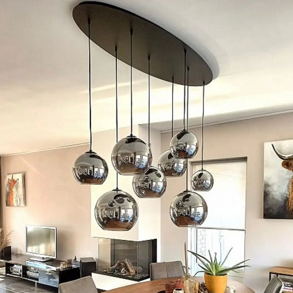 Unieke handgemaakte eettafel hanglamp ovaal met 10 smoke bollen