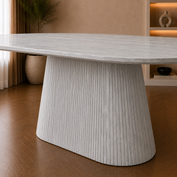 Ovale Japandi eettafel – lichtgrijs MDF