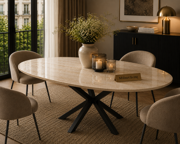 Eettafel Ovaal Beige Travertin met x poten zwart 180cm