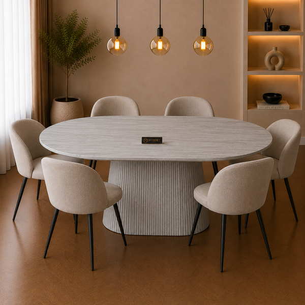 Ovale Japandi eettafel – lichtgrijs MDF