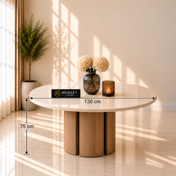 Ronde Japandi Eettafel – Travertin met Bruine Poot – 130 cm
