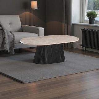 Ovale Japandi salontafel – Travertin blad & zwarte afwerking
