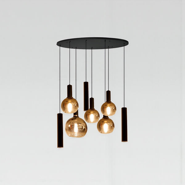 Industriële Hanglamp voor Eettafel ovaal – Zwart/Amber Glas – 8-Lichts – Dimbaar