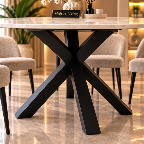 Ronde Travertin Eettafel 130 cm Witte blad - Zwarte X-poot - Luna