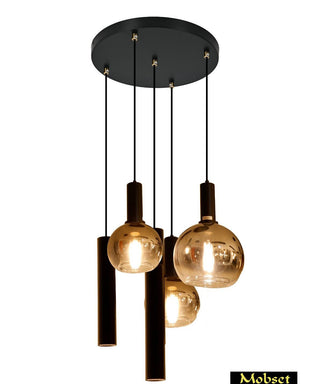 Amber Hanglamp Rond  – 5 lichtpunten – Luxe Glaslamp met Buisspots