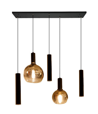 Amber Eettafel Hanglamp – 2 Glasbollen + 3 Buisspots – Eettafel 5 Lichtpunten
