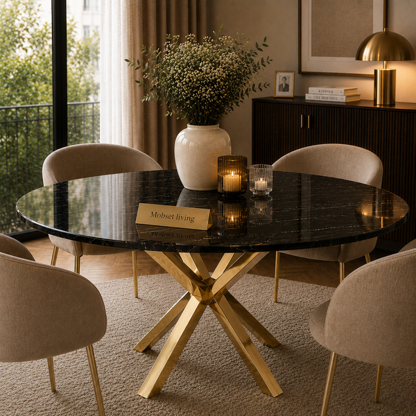 Eettafel Zwart Rond Travertin – Goud Poot -130cm