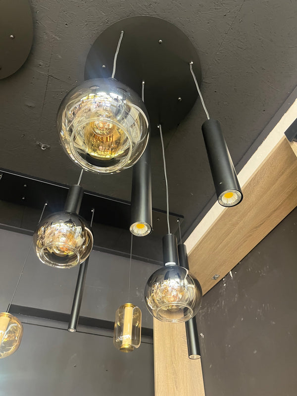 Ronde Hanglamp – 5 Lichtpunten – 3 Smoke Glasbollen verschillende bollen+ 2 Buisspots – Luxe Afwerking