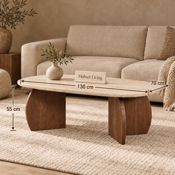 Salontafel travertin blad ovaal poot bruin 130 cm - Mina