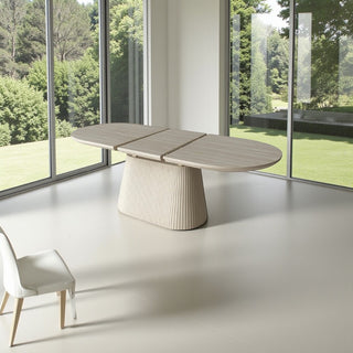 Ovale uitschuifbare Japandi eettafel – beige mangohout (160–200 cm)