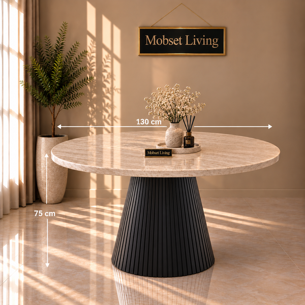 Eettafel Rond Zwart Travertin Japandi 130cm - Mella