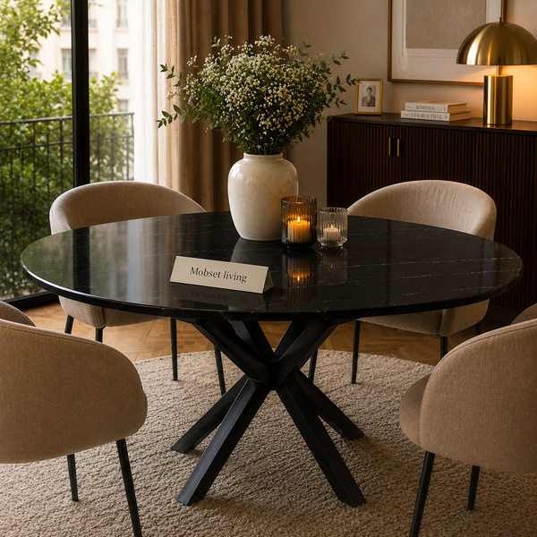 Eettafel Zwart Rond Travertin – Zwart Poot -130cm