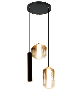 Amber Hanglamp Ronde Plaat – 2 Amber Bollen + 1 Buisspot in Speelse Vormen
