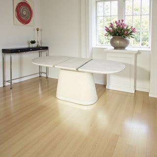 Ovale uitschuifbare Japandi eettafel – crèmekleurig MDF (160–200 cm)