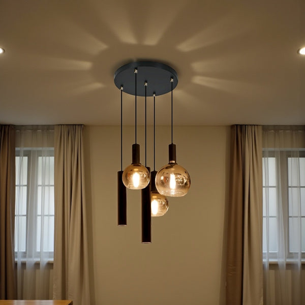 Industriële Hanglamp – Zwart/Amber Glas – 5-Lichts – Dimbaar