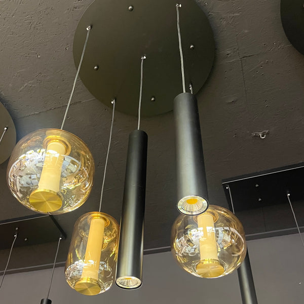 Amber Hanglamp Rond – 3 Glasbollen in Verschillende Vormen + 2 Buisspots