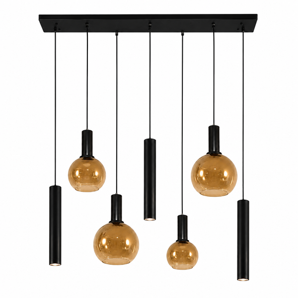 Industriële Hanglamp voor Eettafel – Zwart/Amber Glas – 7-Lichts – Dimbaar