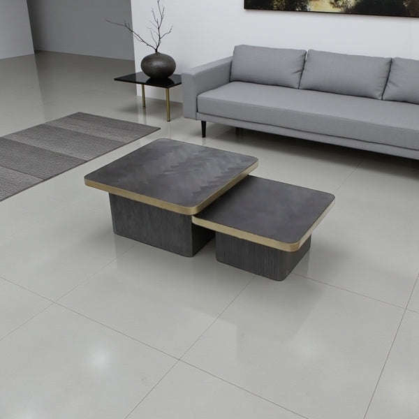 Exclusieve Set van 2 Salontafels – Visgraat  Doorlopend Gouden Accent