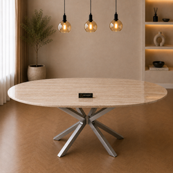 Ovale Beige Travertin Eettafel 180x90 cm Zilver X-poot - Wendy