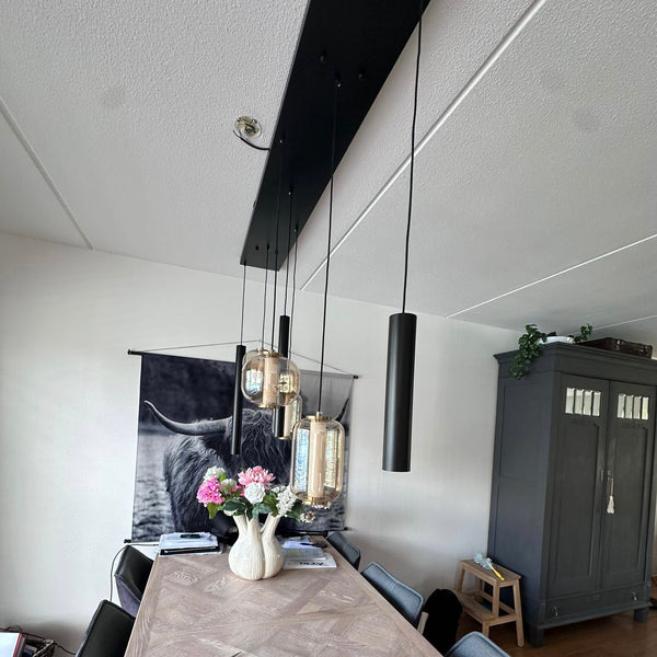 Amber glas Hanglamp Eettafel – Langwerpige Plaat – 4 Bollen in Unieke Vormen + 3 Buisspots – 7 Lichtpunten