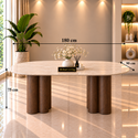 Ovale Japandi Travertijn Eettafel 180 x 90 cm – Beige met Bruine Poot