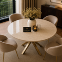 Ronde Travertin Eettafel 130 cm  Witte blad- Gouden X-poot - Elena
