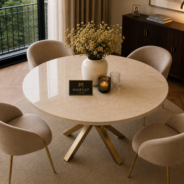 Ronde Travertin Eettafel 130 cm  Witte blad- Gouden X-poot - Elena