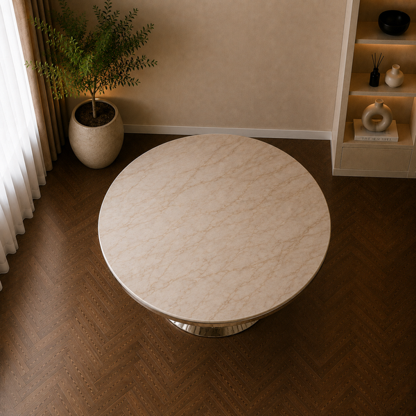 Travertin Eettafel Rond – Crème Blad met Zilveren Spin Poot