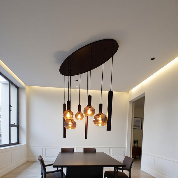 Industriële Hanglamp voor Eettafel ovaal – Zwart/Amber Glas – 8-Lichts – Dimbaar