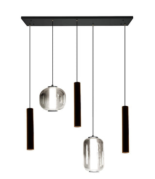 Hanglamp Eettafel  – 2 Smoke Glasbollen in Mix Vormen + 3 Buisspots  – Dimbaar – 5 Lichtpunten