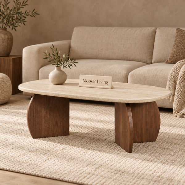 Salontafel travertin blad ovaal poot bruin 130 cm - Mina