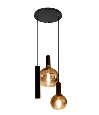 Amber Hanglamp Ronde Plaat – 2 Bollen + 1 Buisspots – Verstelbare Sfeerlamp