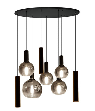 Hanglamp Smoke Glas – Ovale Plaat – 5 Bollen in Verschillende Grootte + 3 Buisspots