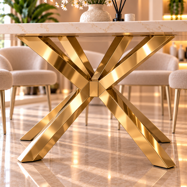 Rechthoekige Travertin Eettafel 180x90 cm Witte blad - Gouden X-poot - Elena