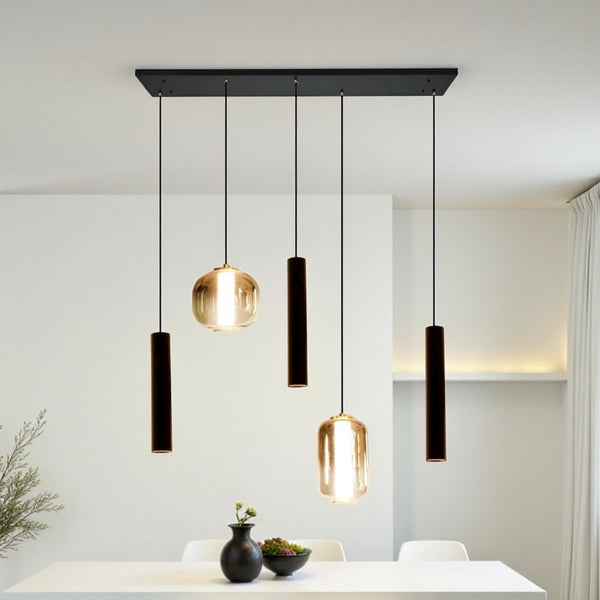 Industriële Hanglamp voor Eettafel – Amber Glas – 5-Lichts Geïntegreerde LED