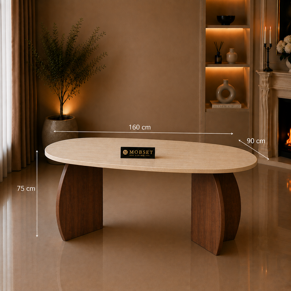 Eettafel Travertin Blad Ovaal Poot Bruin 160x90cm