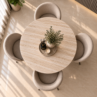 Eettafel Japandi travertin rond bruin 130 cm - Kimberly