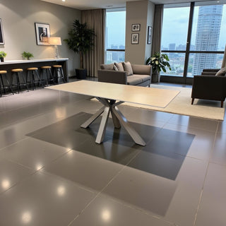 Langwerpige Travertin  Eettafel Beige kleurig- Met grijze poten