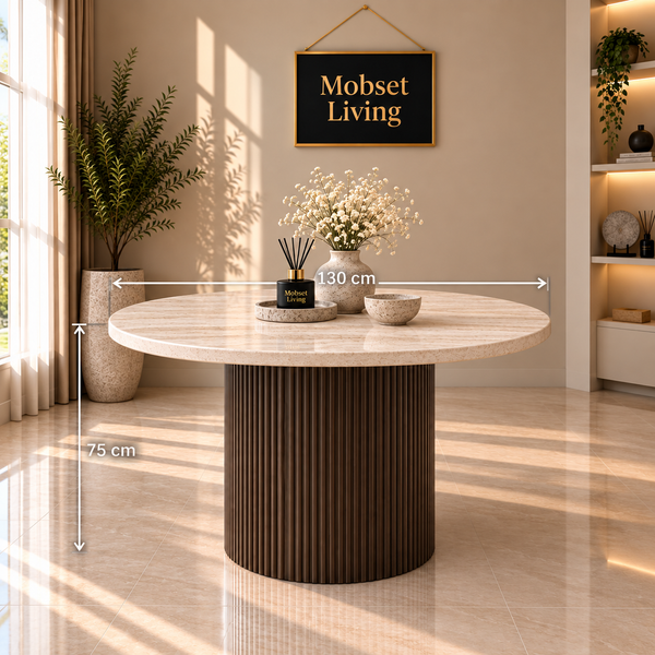 Eettafel Japandi travertin rond bruin 130 cm - Kimberly