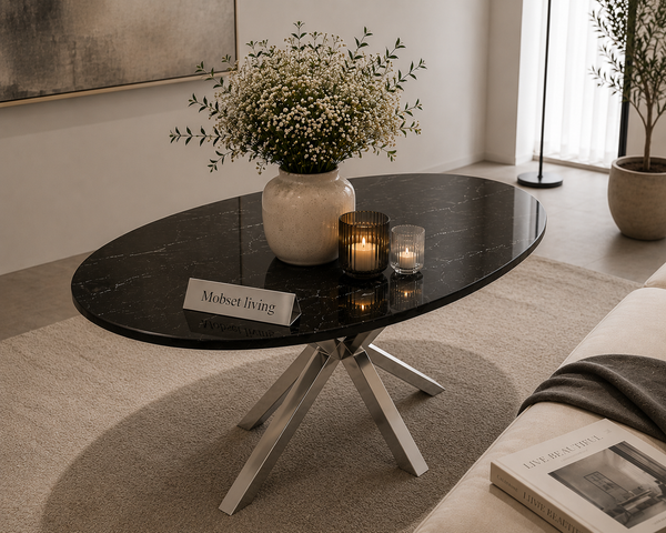 Eettafel ovaal Travertin zwart x poten zilver 160cm