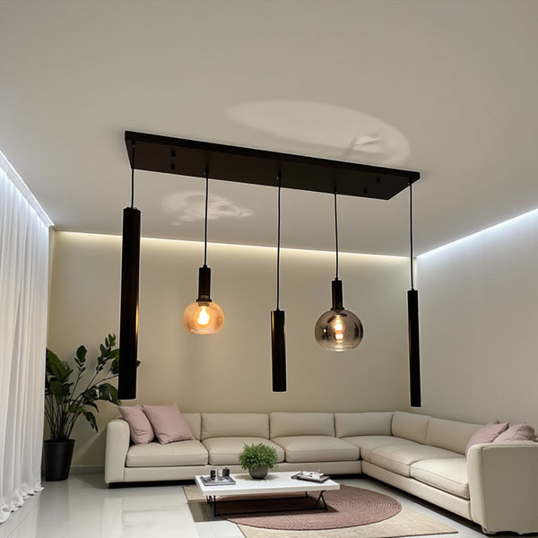 Industriële Hanglamp voor Eettafel – Smoke & Amber Glas – 5-Lichts – Dimbaar